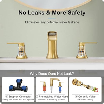 Brushed Gold Bathroom Faucet Waterfall, 2 Handle Brass Bathroom Sink Faucet Widespread, Modern 6-16 Inch Bathroom Faucets 3 Hole, Bathroom Vanity Faucets for Hotel, NOT Included Pop-up Drain - color: Brushed Gold, style: NO Pop Up Drain