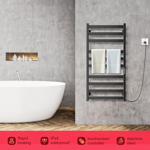 Towel Warmer 10 Bars, Stainless Steel Towel Warmer Rack | for Bathroom, Wall Mounted Towel Heater With Intelligent Touch Screen Timer, Hard Wired/Plug-In, Black - size: 10 Bars