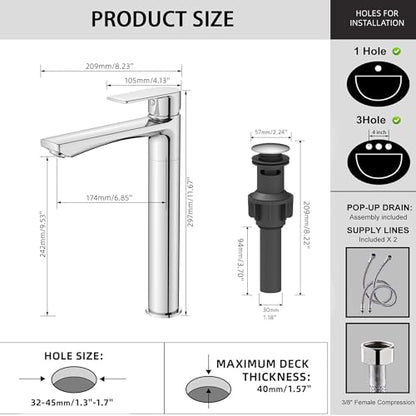 BELZ Chrome Bathroom Faucet, Tall Single Hole Vessel Sink Faucet 11.7'' | Lead-free, Anti-peeling PVD Chrome Finish, Modern Single Handle Design with Pop-Up Drain & Hoses for Bathroom RV Sink Vanity - color: Chrome