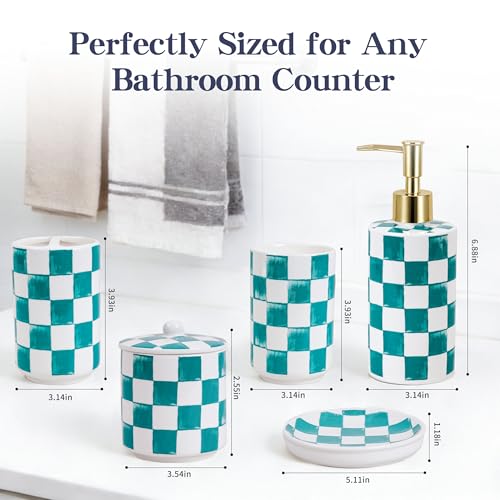 Ceramic Bathroom Soap Dispenser Set, Checkered Bathroom Vanity Set with Lotion Pump, Toothbrush Holder, Soap Dish & Storage Jar, Modern Bathroom Sink Accessories (Green) - style: Green