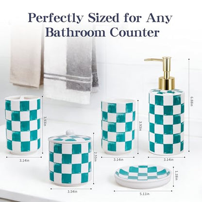 Ceramic Bathroom Soap Dispenser Set, Checkered Bathroom Vanity Set with Lotion Pump, Toothbrush Holder, Soap Dish & Storage Jar, Modern Bathroom Sink Accessories (Green) - style: Green