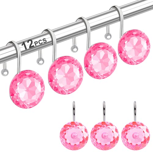 12PCS Stainless Steel Shower Curtain Hooks Rings for Bathroom, RustProof Metal Crystal Rhinestones Bling Shower Curtain Rings Hangers for Shower Curtains Decorative, Round Heavy Duty Hooks (Pink) - color: Pink, size: 12pcs