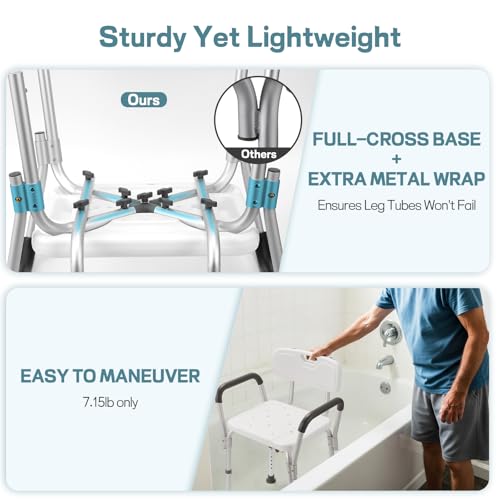 Heavy Duty Shower Chair for Elderly & Disabled with Padded Armrests & Back | Tool-free assembly adjustable height shower seat for inside shower. Provides secure, comfortable support for handicap adults