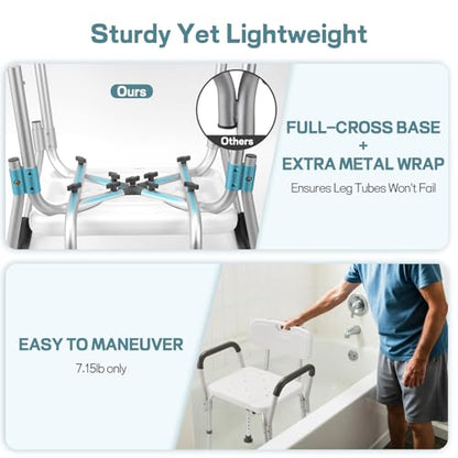 Heavy Duty Shower Chair for Elderly & Disabled with Padded Armrests & Back | Tool-free assembly adjustable height shower seat for inside shower. Provides secure, comfortable support for handicap adults