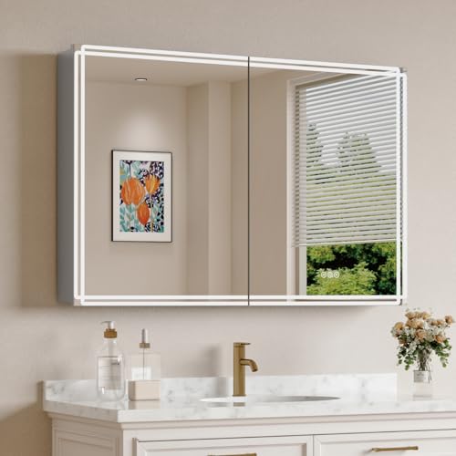 Buruis 48 x 32 Inch Medicine Cabinet with Lights, Recessed or Wall Mounted | Fully Assembled, 3-Color LED Lighting, Anti-Fog Mirror, Dimmable, Memory Function, Adjustable Shelves, Built-In Outlet & USB - size: 48 x 32 inch