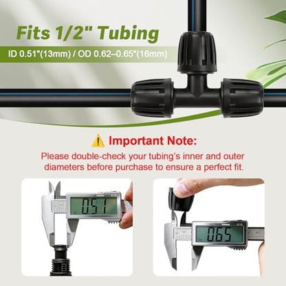 12 Pack 1/2 Inch Drip Irrigation Tee Fittings (1/2" ID x 0.6-0.65" OD), 1/2'' Dripline Barbed Tee Connectors with Anti-Drop Lock Nuts for Garden Lawn Irrigation System Connection - size: 1/2" Nut Tee-12P
