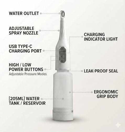 Portable Bidet Sprayer with 360° Nozzle | USB-C Rechargeable Bidet Comes with 205 ml Water Bottle & Dual Modes | Waterproof Handheld Electric Travel Bidet for Women, Men, Babies & Personal Hygiene