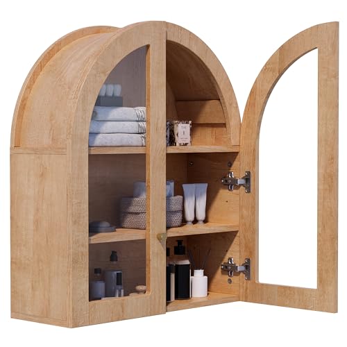 Arched Wall Cabinet, Oak Wood Grain Bathroom Cabinet, Wall Mounted Medicine Cabinet with Tempered Glass Door & Adjustable Shelf, Modern Floating Storage Organizer for Home - color: Oak