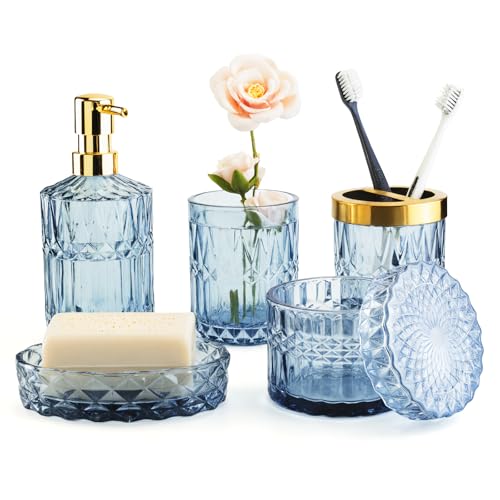 Bathroom Accessory Set 5 Pcs, Glass Bathroom Set Include Soap Dish, Toothbrush Holder, Mousewash Cup, Soap Dispenser, Cotton Swab Jar, Blue - color: Blue, style: 5 Pack