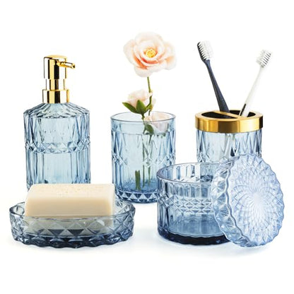 Bathroom Accessory Set 5 Pcs, Glass Bathroom Set Include Soap Dish, Toothbrush Holder, Mousewash Cup, Soap Dispenser, Cotton Swab Jar, Blue - color: Blue, style: 5 Pack