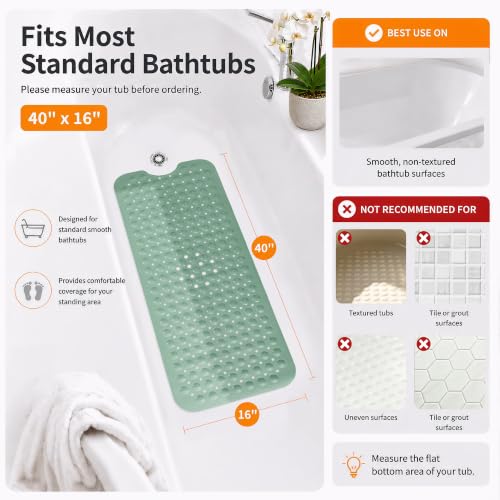 Yimobra Non Slip Bathtub Mat 40 x 16 Inch, Extra Long Shower Mat with Drain Holes, Machine Washable Baby Bath Mats, Strong Suction Cups for Bathroom Floor, Green - color: Green