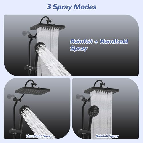 Hibbent Upgraded cUPC Certified 13'' Shower Head Combo, High Pressure 5 Spray Rainfall Showerhead with 10 Sprays Handheld, All Metal 3-way Diverter Shower Arm, 71'' Hose and Holder, Matte Black - color: Matte Black, style: Square 13"