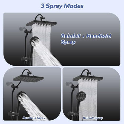 Hibbent Upgraded cUPC Certified 13'' Shower Head Combo, High Pressure 5 Spray Rainfall Showerhead with 10 Sprays Handheld, All Metal 3-way Diverter Shower Arm, 71'' Hose and Holder, Matte Black - color: Matte Black, style: Square 13"