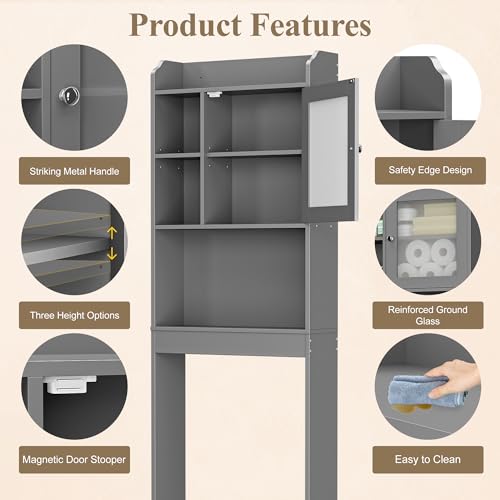 ZENY Over The Toilet Storage Cabinet, Bathroom Organizer with Adjustable Shelf and Double Doors, Freestanding Bathroom Space Saver Toilet Rack (Gray) - color: Grey