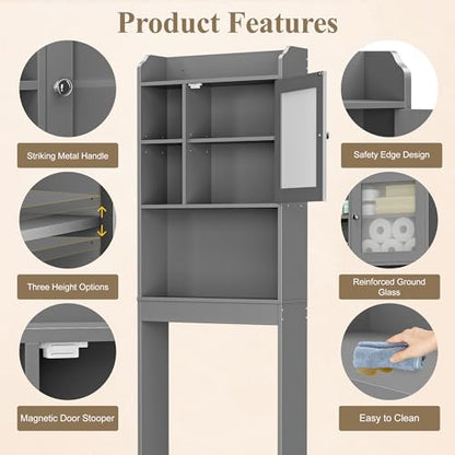 ZENY Over The Toilet Storage Cabinet, Bathroom Organizer with Adjustable Shelf and Double Doors, Freestanding Bathroom Space Saver Toilet Rack (Gray) - color: Grey