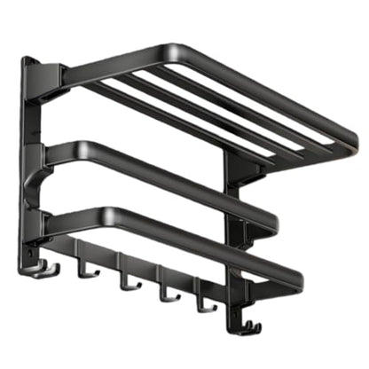 Towel Rack Wall for Bathroom Lavatory Hotel, 24 Inch Foldable Towel Shelf with 2 Towel Holder Bar and 7 Hooks, Black Matte Towel Storage Organizer Mounted, Drill-in or Adhesive Installation
