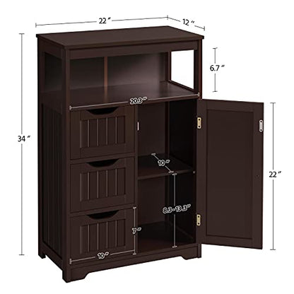 Topeakmart Freestanding Wood Bathroom Floor Cabinet, Espresso | Storage Cabinet with 3 Drawers and Cupboard, for Hallway, Entryway, Living Room, Accent Furniture - color: Espresso