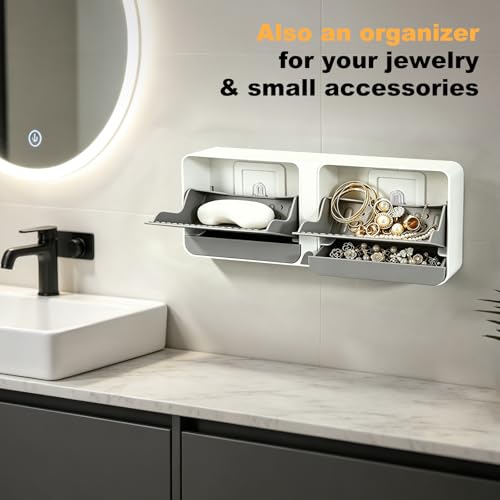 Strong Adhesive Hook Wall-Mounted Soap Dish Holder, 2-Layer Draining Tray with Removable Container, Keeps Soap Dry for Bathroom, Shower, Sink, Kitchen- Space Saver (1-Pack Grey-Dual Compartment) - color: 1-pk Grey-dual Compartment