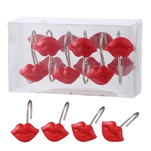 Twofish Home Vermilion Lips Shower Curtain Hooks Vermilion Lips Anti Rust Shower Curtain Hooks Decorative Resin Vermilion Lips Shower Curtain Rings Set of 12 - color: Red
