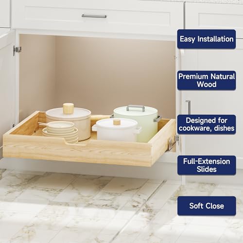 Pull Out Cabinet Organizer, 28.5 in W x 21 in D Solid Wood Slide Out Drawer, Soft Close Sliding Shelf, Bottom or Side Mount for Kitchen Pantry Bathroom, Fits 29.5 in Cabinet Opening - size: 28½” W × 4"H x 21” D