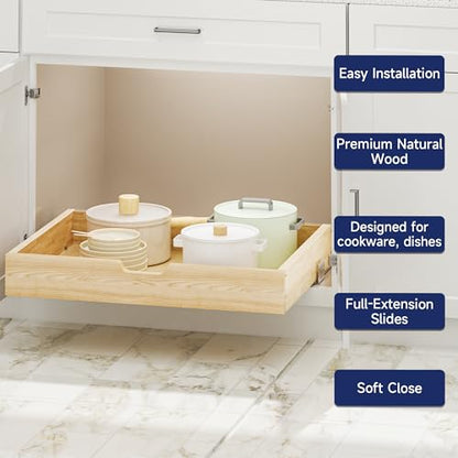 Pull Out Cabinet Organizer, 28.5 in W x 21 in D Solid Wood Slide Out Drawer, Soft Close Sliding Shelf, Bottom or Side Mount for Kitchen Pantry Bathroom, Fits 29.5 in Cabinet Opening - size: 28½” W × 4"H x 21” D