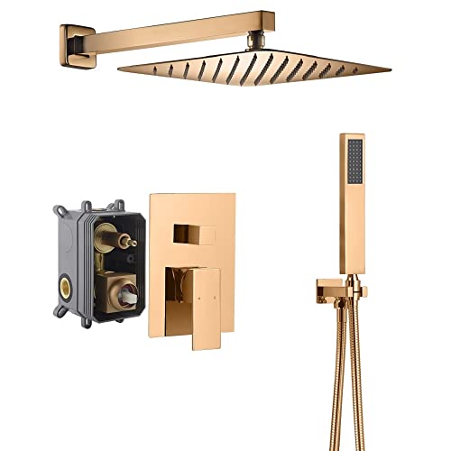 Cascada 12” Square Shower System (Wall Mounted) with Single Handle & square knob, 2 Functions (Rainfall & Handheld) (Rose Gold) - color: Rose Gold