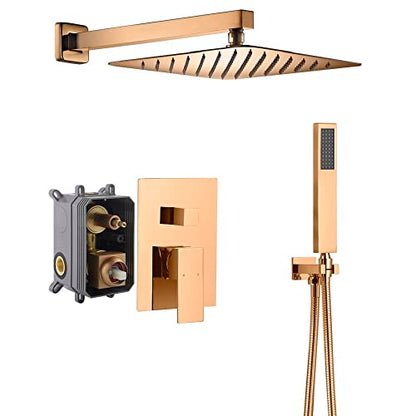 Cascada 12” Square Shower System (Wall Mounted) with Single Handle & square knob, 2 Functions (Rainfall & Handheld) (Rose Gold) - color: Rose Gold