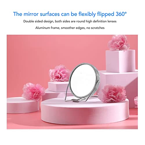 Sonew 2 Sided Vanity Mirror, Mini 360 Degree Rotation Aluminum Frame Silver Vanity Mirror with Stainless Steel Stand for Office Dormitory, Makeup Mirror for Woman and Man