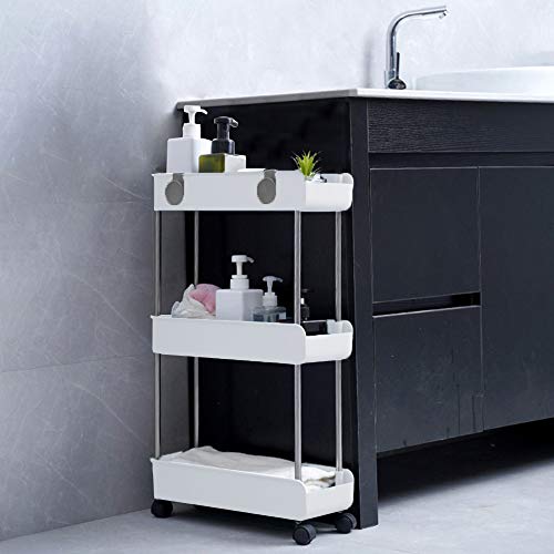 3-Tier Slim Mobile Shelving Unit on Wheels, Slide Out Rolling Bathroom Storage Organizer, Utility Carts Shelf Rack for Kitchen Bathroom Laundry Room Narrow Places, White - color: White - 3 Tier