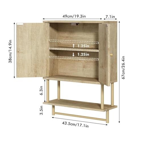 RUSTOWN Rattan Bathroom Wall Cabinet, Modern Boho Medicine Cabinets, Medium | 2 Arched Rattan Doors, Adjustable Shelf, Towel Bar Rack, Over The Toilet Storage Cabinet for Bathroom, Living Room, Kitchen - size: Medium