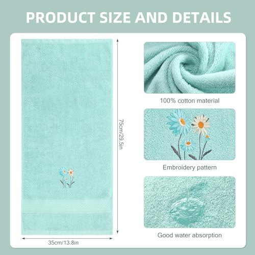 SmoothNovelty 2 Pcs Daisy Hand Towels Teal Flower Bathroom Decor 14x29 Inch Embroidered 100% Cotton Soft Absorbent Spring Summer Decorative Daisy Hand Towels for Bathroom Kitchen - style: Daisy Flower