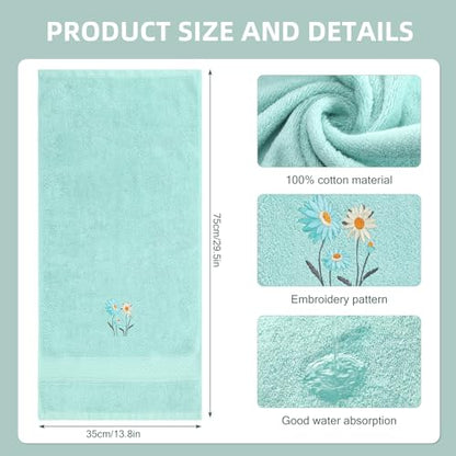 SmoothNovelty 2 Pcs Daisy Hand Towels Teal Flower Bathroom Decor 14x29 Inch Embroidered 100% Cotton Soft Absorbent Spring Summer Decorative Daisy Hand Towels for Bathroom Kitchen - style: Daisy Flower