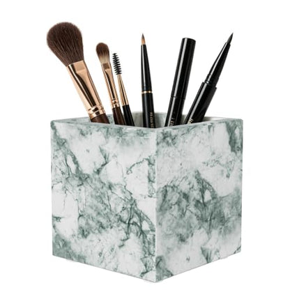 Rectangular Toothbrush Holder,Pencil Cup,3.9x3.9x3.9in,Cyan Green | Marble Pen Holders with Natural Patterns,Makeup Brush Organizer with Anti Slip Foot Pads,Stone Utensil Container for Office - color: Cyan Green Texture