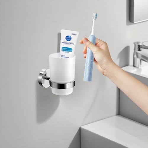 Wall Mounted Toothbrush Holders Set | Stainless Steel Bathroom Tooth Brush Holder, with Glass Toothpaste Cup, Toothbrush Caddy Storage, for Kids & Adult, Single - size: Single