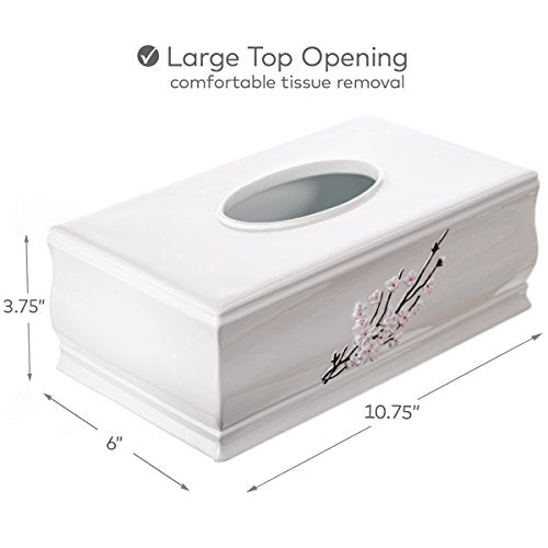 Creative Scents Vanda Rectangle Tissue Box Cover with Bottom Slider | White Tissue Box Holder Rectangular Cherry Blossom Design White Bathroom Accessories Decor - style: Rectangle Tissue Box