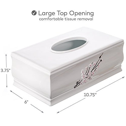 Creative Scents Vanda Rectangle Tissue Box Cover with Bottom Slider | White Tissue Box Holder Rectangular Cherry Blossom Design White Bathroom Accessories Decor - style: Rectangle Tissue Box
