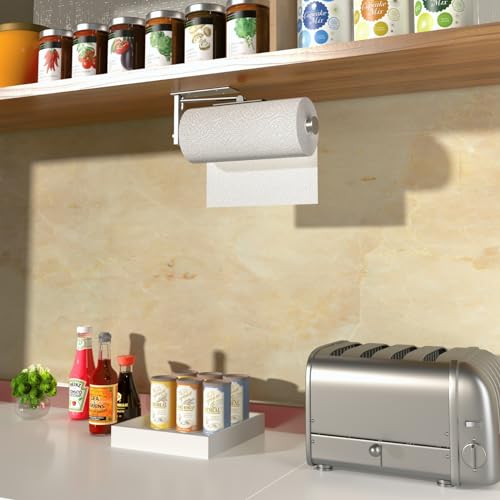 Under Cabinet Paper Towel Holder, One-Hand Tear Kitchen Paper Towel Holder | Stainless Steel Wall Mount Self Adhesive Paper Towel Rack with Tension Arm, Fits for First Apartment Essentials, Kitchen, RV - color: Sliver