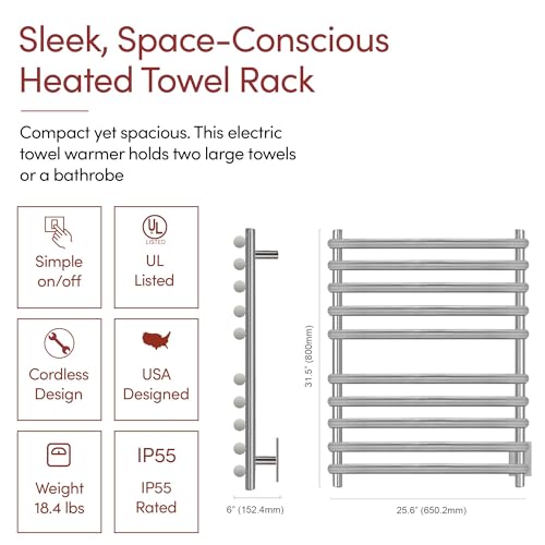 WarmlyYours Rome Heated Towel Rack, 10 Bars, Brushed Steel, Hardwired | Wall-mounted electric towel warmer for bathrooms, 10 heated bars, brushed stainless steel, hardwired connection