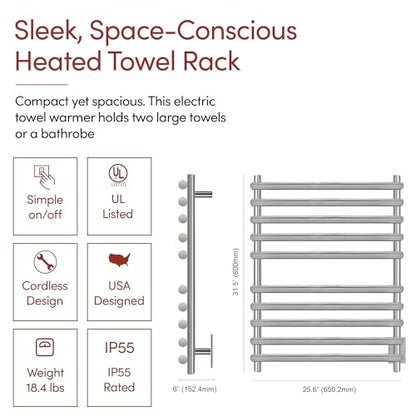 WarmlyYours Rome Heated Towel Rack, 10 Bars, Brushed Steel, Hardwired | Wall-mounted electric towel warmer for bathrooms, 10 heated bars, brushed stainless steel, hardwired connection