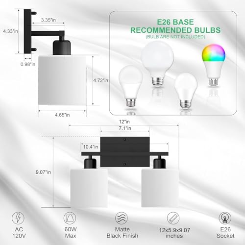 Black Bathroom Light Fixtures Over Mirror, 2-Light Vanity Lights | Anti-Rust Wall Sconces 12 Inches, E26 Standard Socket, Milky White Glass Shades, Easy Installation, Bulbs Not Included - color: Black-2 Light