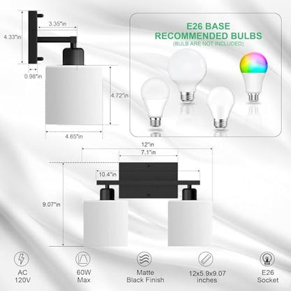 Black Bathroom Light Fixtures Over Mirror, 2-Light Vanity Lights | Anti-Rust Wall Sconces 12 Inches, E26 Standard Socket, Milky White Glass Shades, Easy Installation, Bulbs Not Included - color: Black-2 Light
