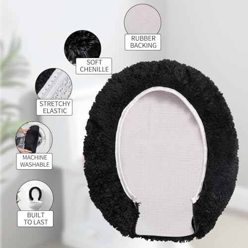 Soft Microfiber Toilet Lid Cover 17.5" x 15" Machine Washable | Solid Toilet Seat Cover Adjustable Rubber Backing Fits Most 16 -17.5" L x 14-16" W Round Oblong and Elongated Toilet Seat - color: Black