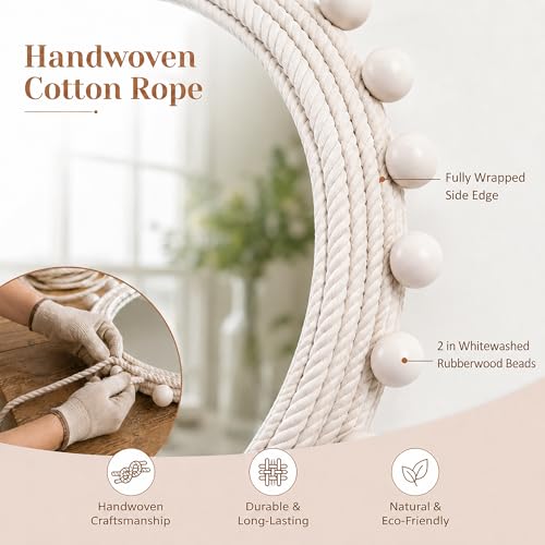 30" Round Rope Wall Mirror with 2 in Whitewashed Wood Beads | Soft white coastal farmhouse style, handwoven cotton rope frame for entryway, living room, bedroom, bathroom, powder room.
