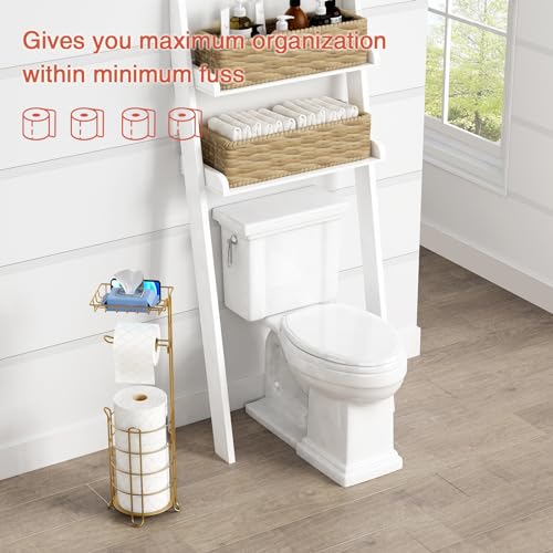 Goozii Gold Free Standing Toilet Paper Holder Stand with Phone Shelf, Floor Bathroom Tissue Holder for Large Mega Rolls, Metal Freestanding Toilet Paper Roll Holder with Wipes Storage Tray - color: Gold