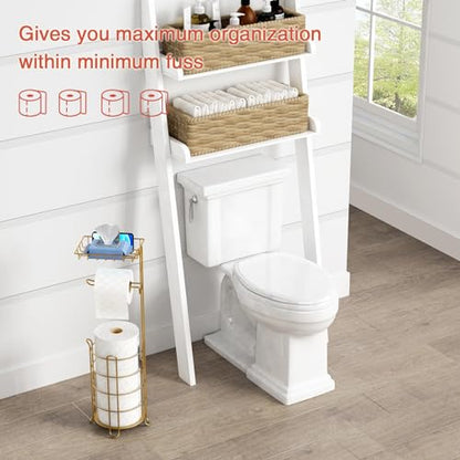 Goozii Gold Free Standing Toilet Paper Holder Stand with Phone Shelf, Floor Bathroom Tissue Holder for Large Mega Rolls, Metal Freestanding Toilet Paper Roll Holder with Wipes Storage Tray - color: Gold