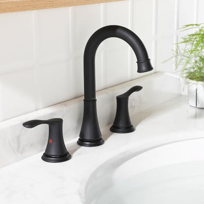 Matte Black Widespread Bathroom Sink Faucet 8 Inch for Vanity | with All Metal Pop Up Drain, High Arc 2 Handle Lead-Free Deck Mount Bathroom Faucet for 3 Hole Lavatory Utility Sink - color: Matte Black