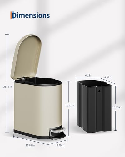 GarveeHome 1.6 Gal Step-On Trash Can, Stainless Steel Small Bathroom Garbage Bin with Soft Close Lid, Slim Space-Saving Design, Removable Inner Bucket for Bathroom, Bedroom, Office, Sand Beige - color: Sand Beige, size: 1.6 Gallon