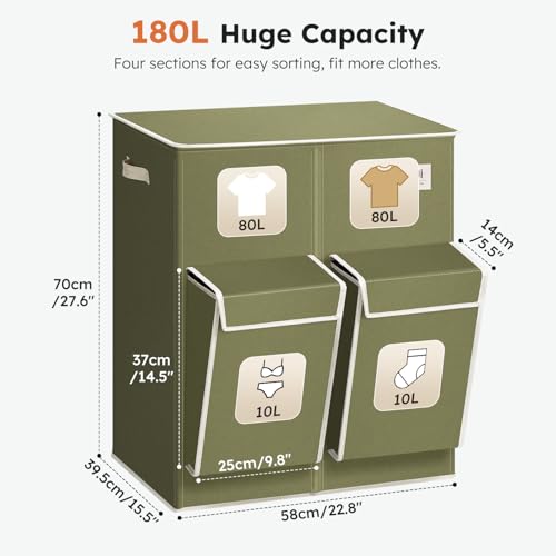 SOLEDI 180L Double Laundry Hamper with Lid and 2 Side Pockets, Dual Hamper | 2 Section Laundry Basket, Removable & Washable Laundry Bags, 180L Large Capacity, for Bedroom, Bathroom, Laundry Room, Dorm - color: Avocado