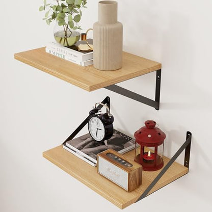 Deep Floating Shelves, 12 Inch Deep Rustic Oak Floating Wall Shelves Set of 2, 16W x 12D Large Floating Shelves Living Room Cleanning Room Laundry Room Garage - Oak with Black Brackets - color: Oak, size: 16W x 12D