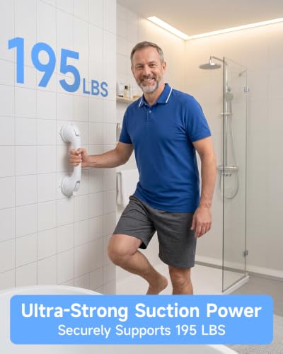2 Pack Shower Grab Bar for Shower and Bathtubs, No Drilling, White | Suction Shower Handle for Elderly, Suction Cup Removable Handrails Safety Grip, Heavy Duty, 12 inch - color: White
